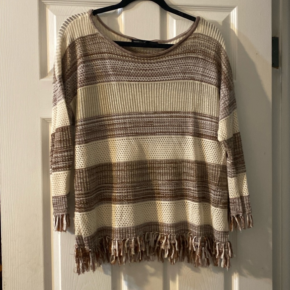 WHBM sheer top with fringe White House Black market